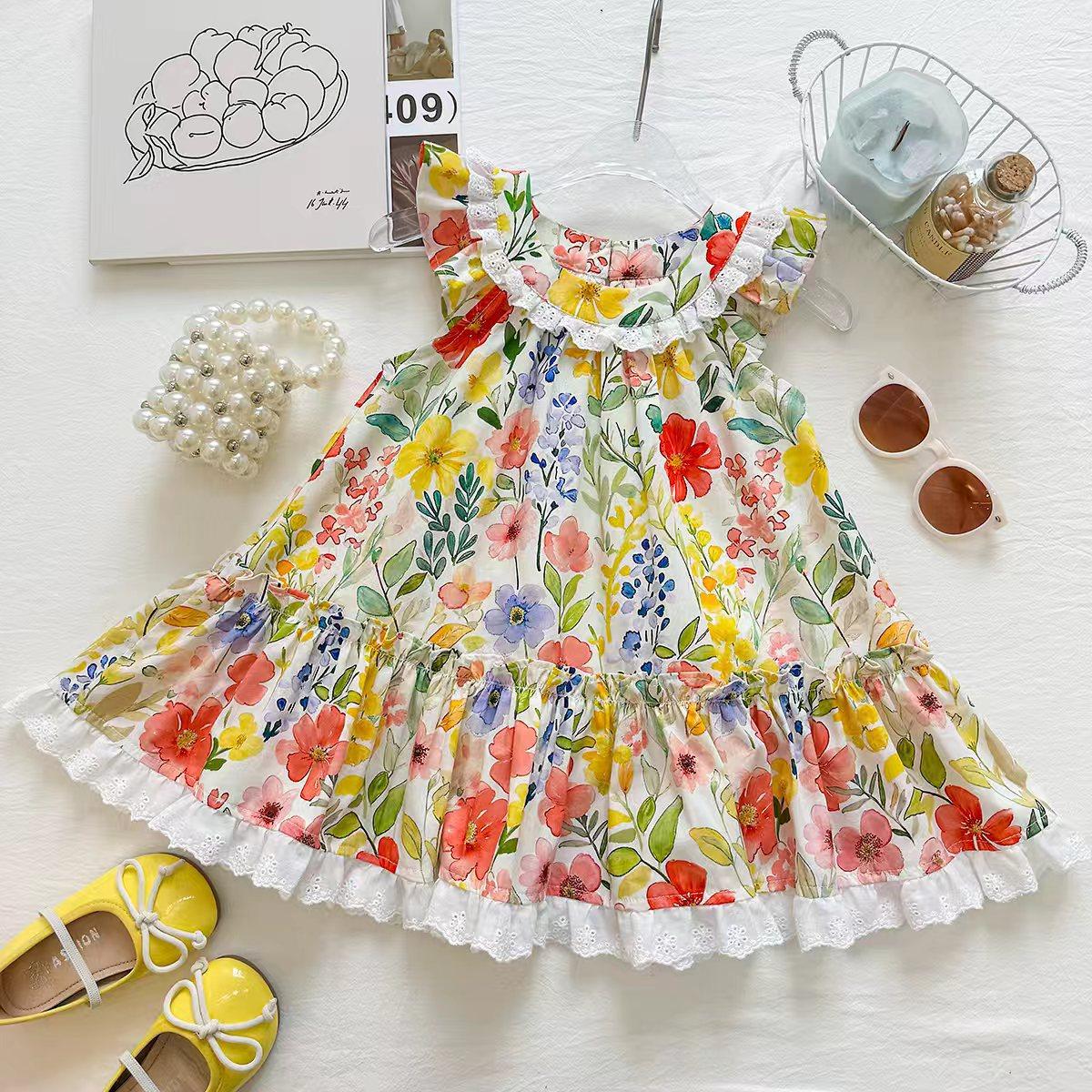 Summer Girls Floral Lace Princess Dress Kids Vacation Sleeveless Sundress For Beach Party 90cm