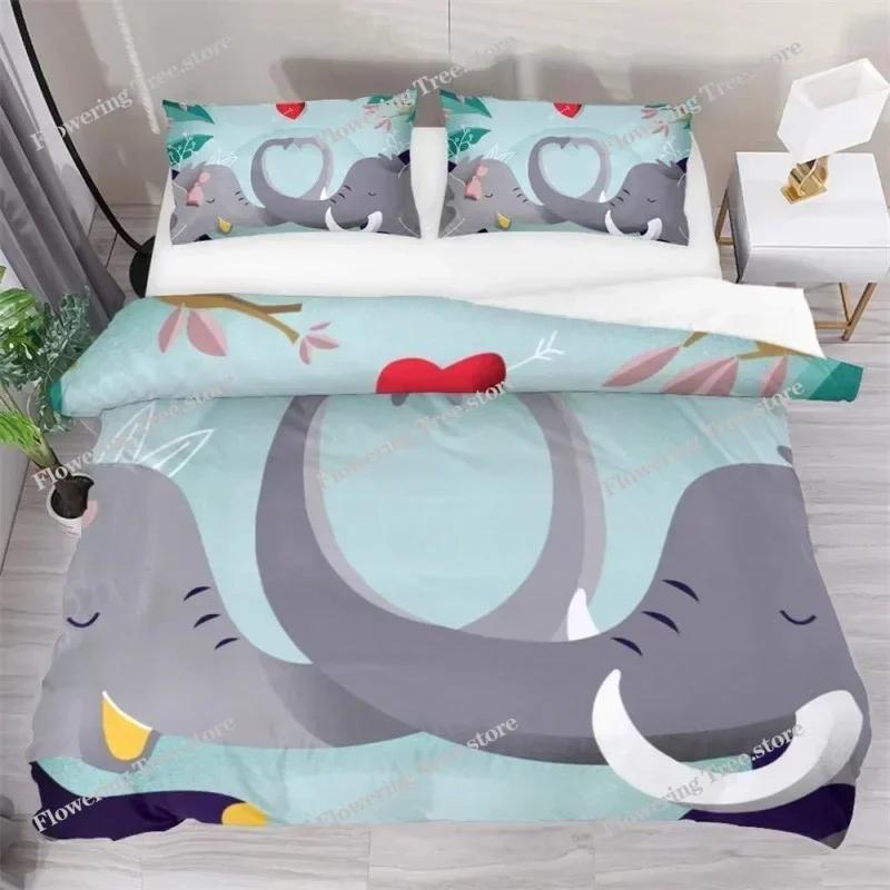 Kids Cartoon Elephant Duvet Cover Lovely Animal Theme Bedding Set Full For Girls Boys Kawaii Room Decor Microfiber Quilt Cover