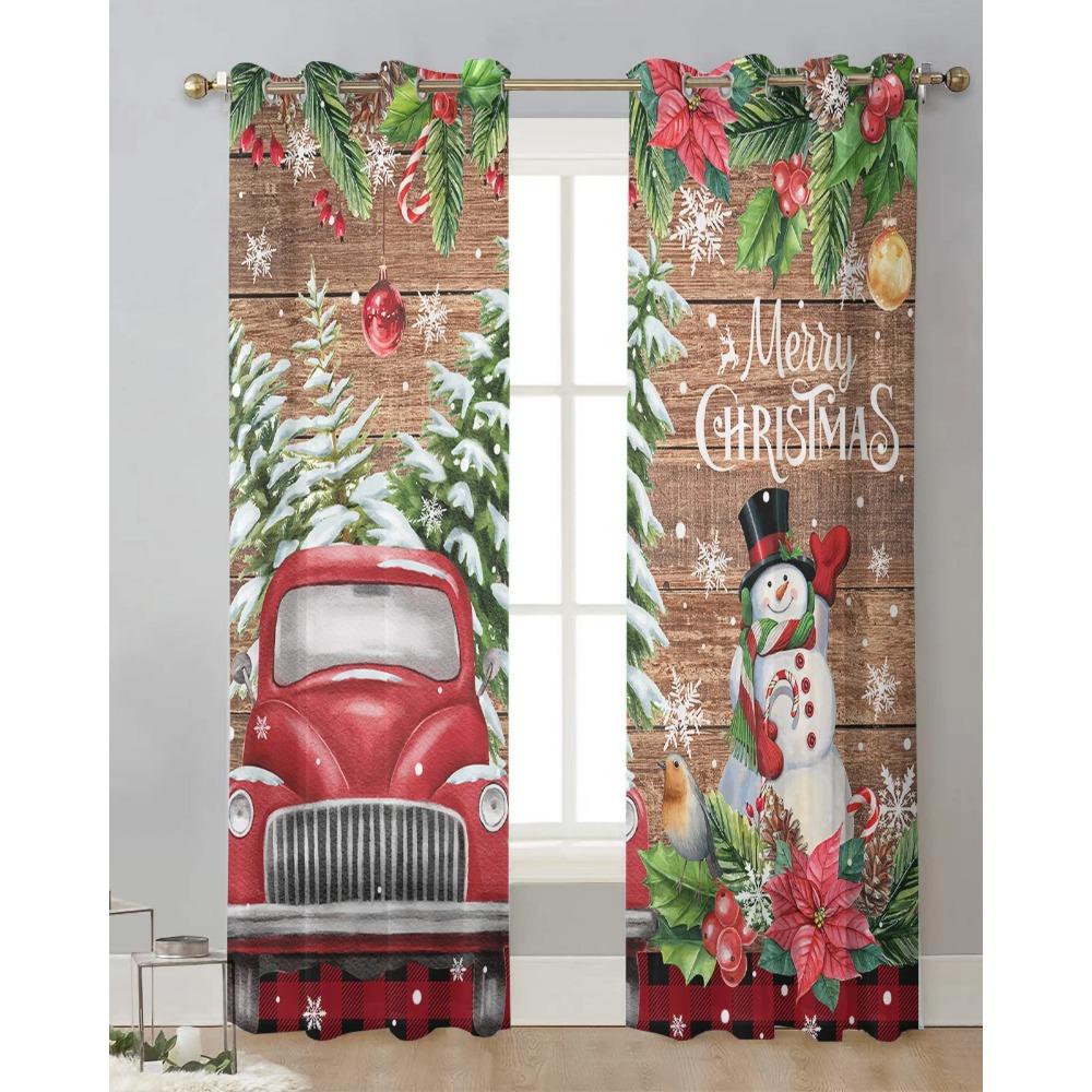 Winter Snowflake Xmas Winter Design Redwood Truck Light Voile Curtains Bed Chamber Soft Tulle Window Panel Curtain Living Room Transparent Curtains