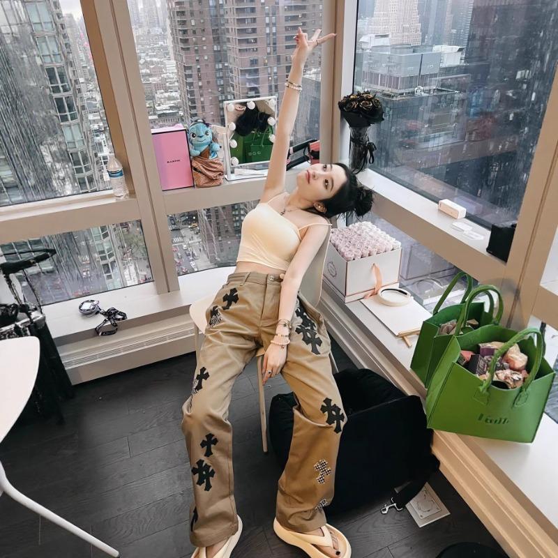 Cross Light Luxury Jeans Heavy Industry Embroidery Leather Men's and Women's Loose Casual Versatile Wide-leg Trousers