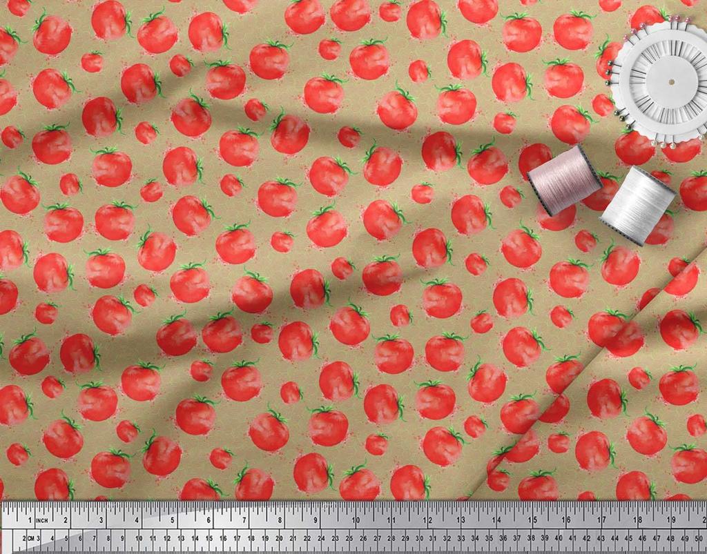 Soimoi Green Poly Crepe Fabric Tomato Vegetable Print Fabric by the metre 42 Inch