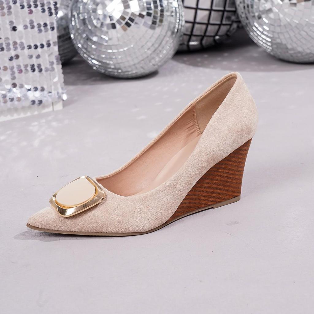 Women's Spring Suede Wedge Heels: French Style, Low-Cut, Metal Buckle, Professional Look