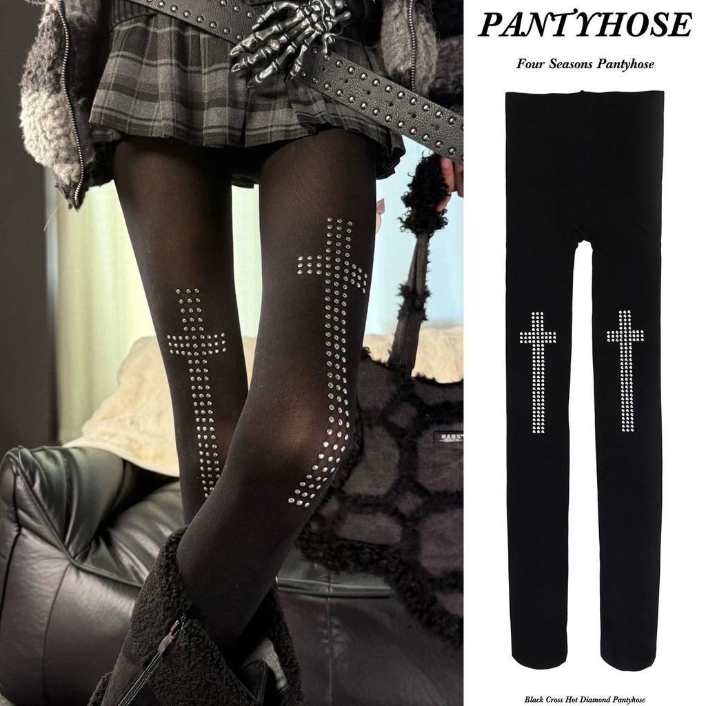 Retro Rhinestone Cross Hot Brick Stockings Women's 2000s Tight Pants Aesthetics Hip-hop Street Cosplay Emotional Y2K Socks