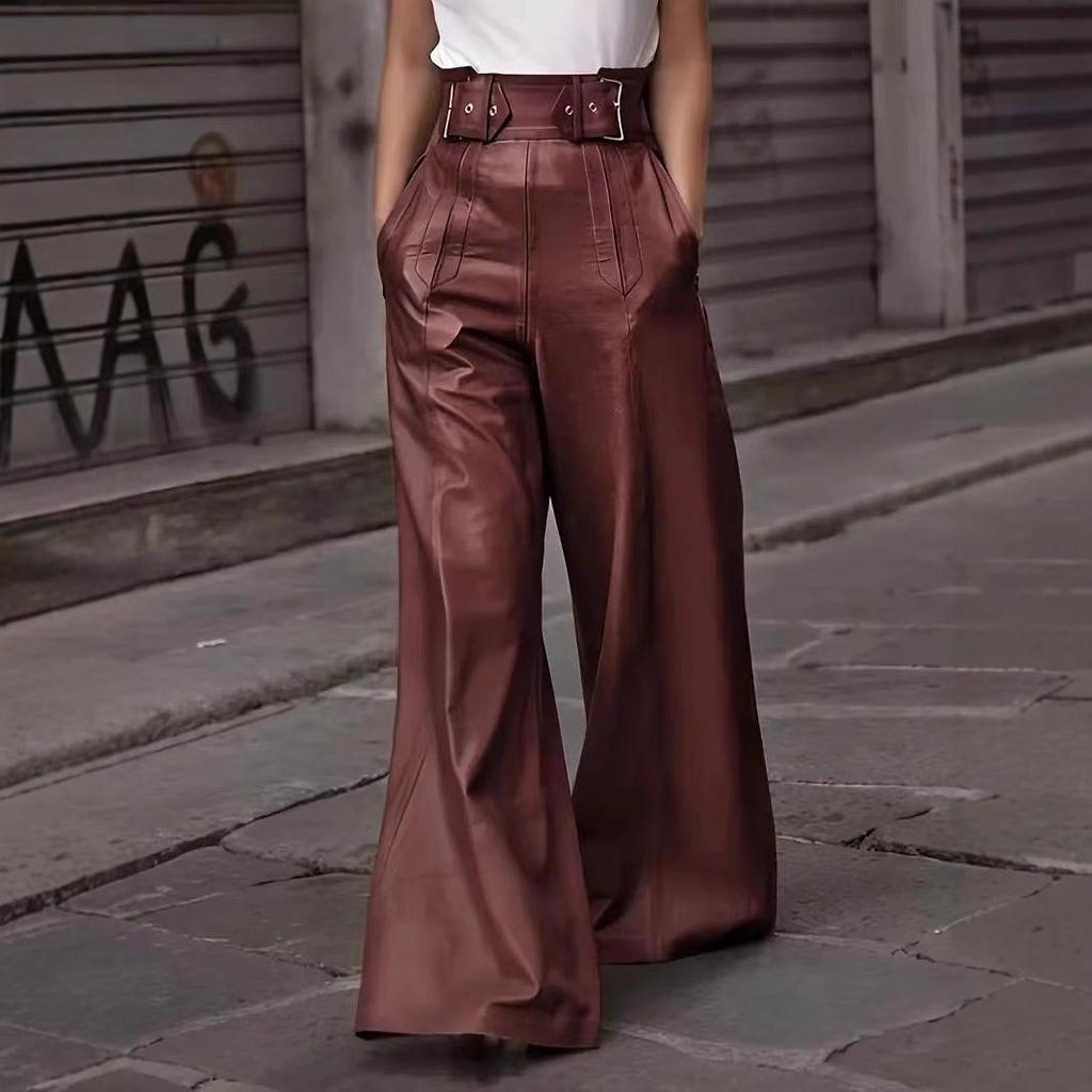 High Waist PU Leather Flare Pants with Waist-cinching & Pockets - 2025 Fashion