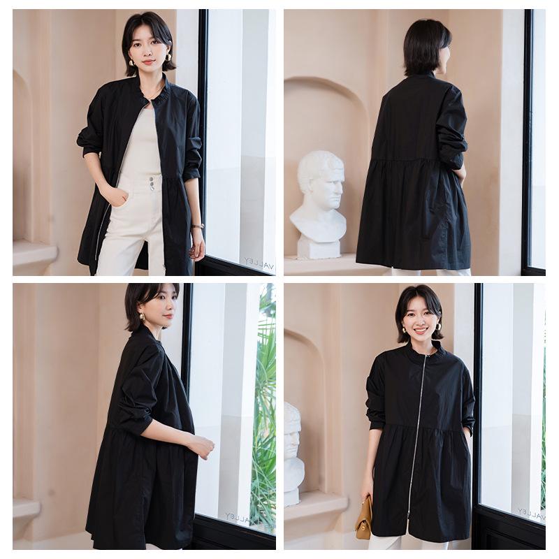 YUNyun Damen Mittellanger Stehkragen Trenchcoat - Herbst Lässig Locker Petite Jacke