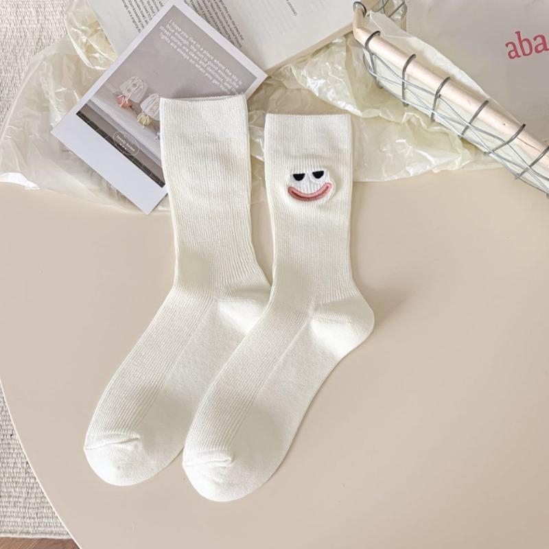 Automne Coton Pur, Visage Souriant Mignon, Grands Yeux, Brodé, Fille Drôle, Chaussettes Mi-mollet Abstraites Nouvelles et Malicieuses, Chaussettes de Couleur Unie pour Filles