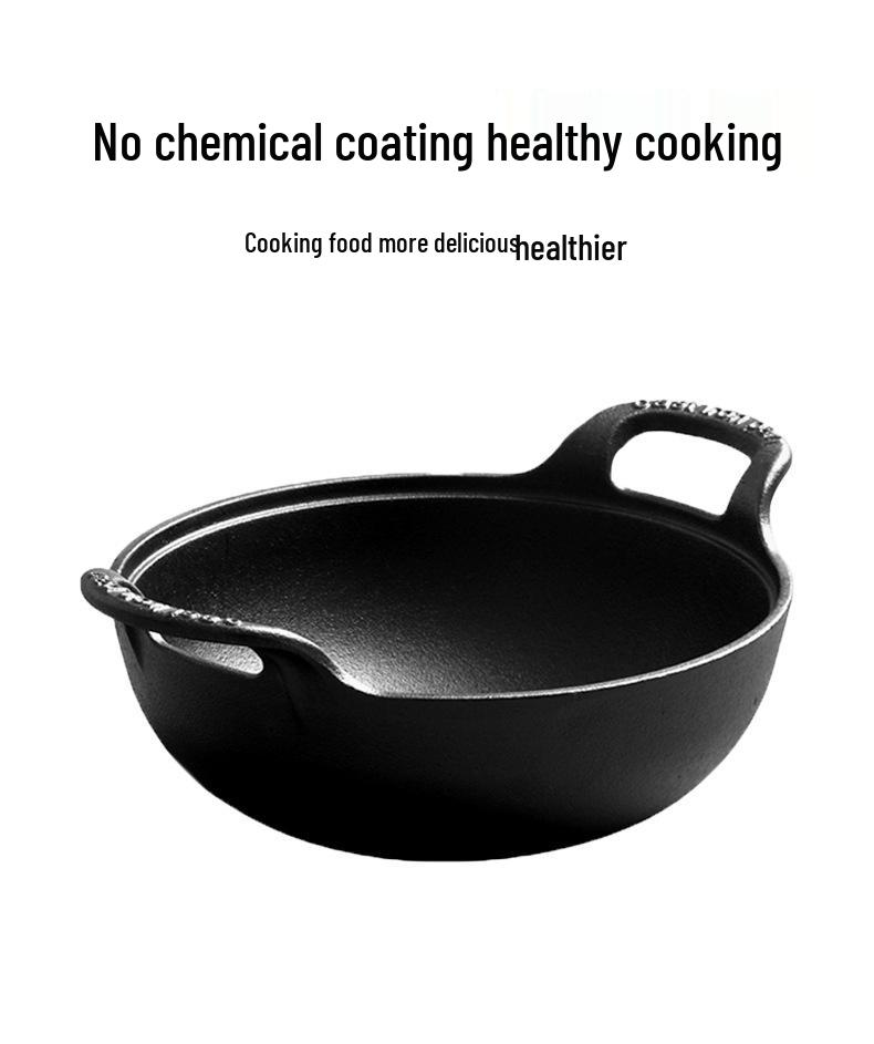 Cast Iron Double Ear Stew & Fry Pan, Non-stick Flat Bottom, Universal for Gas & Induction Cooktops, Large Size.