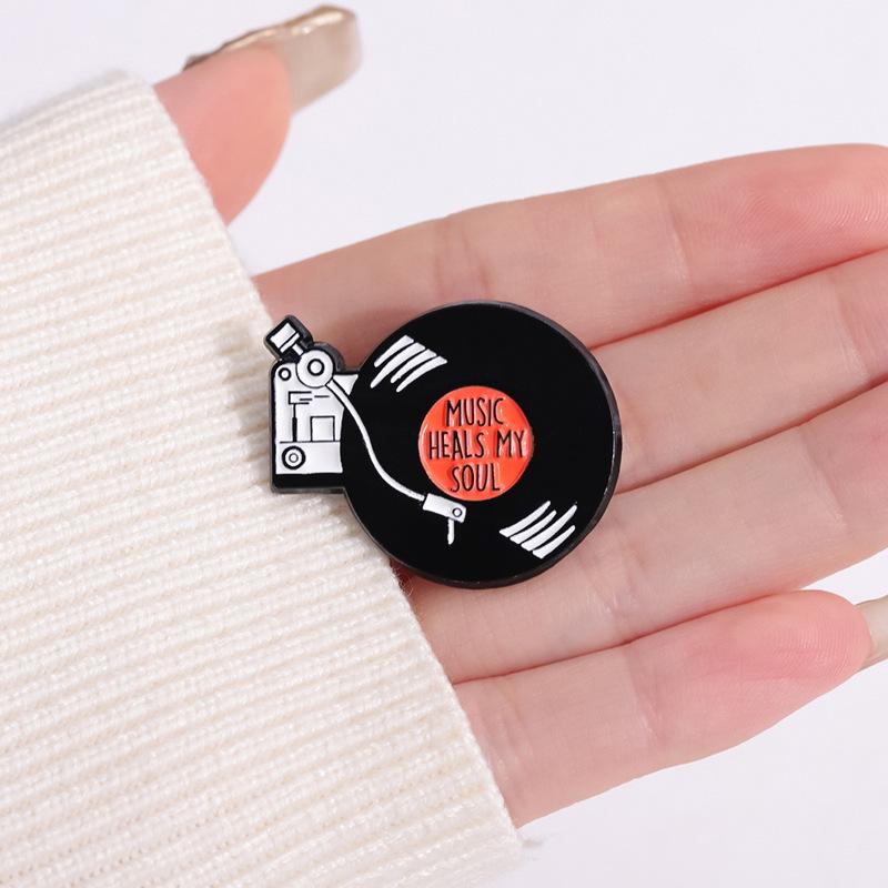 Black Vinyl Cassette Tape Geometric Brooch - Round Music Lapel Pin