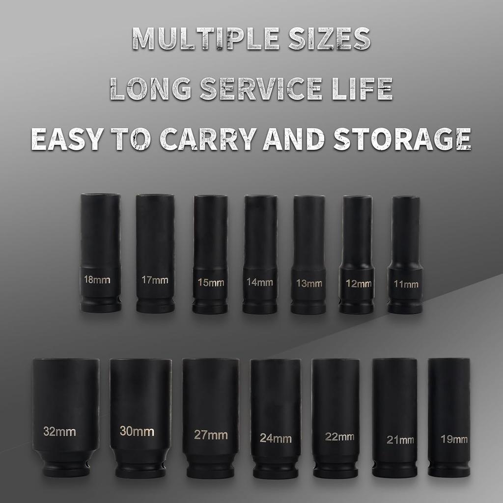 1/2" Drive Deep Impact Socket Set Drive Metric Wrench Black Socket Deep Impact Socket Pneumatic Wrench Head Tire Removal Tools
