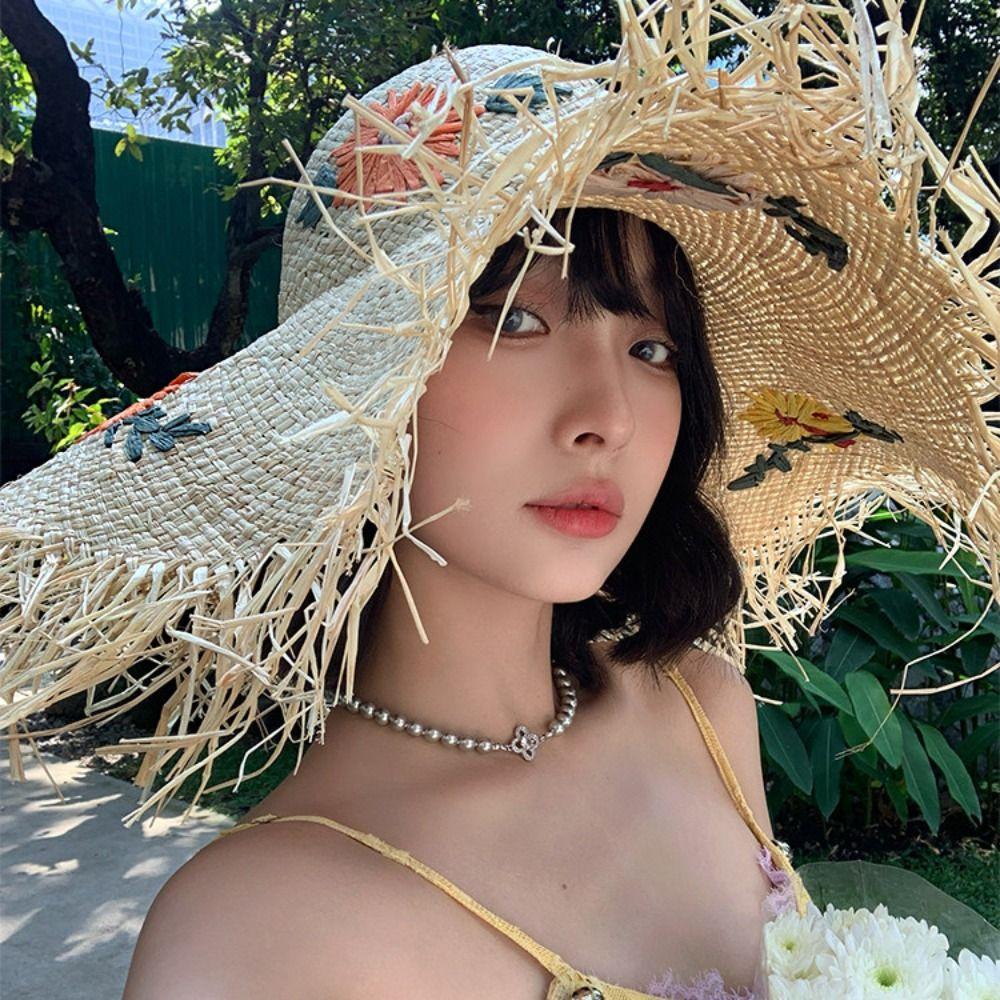 Casual Boho Lafite Grass Hat Wide Brim Foldable Weave Hat Breathable Korean Style Embroidered Flower Straw Hat Outdoor