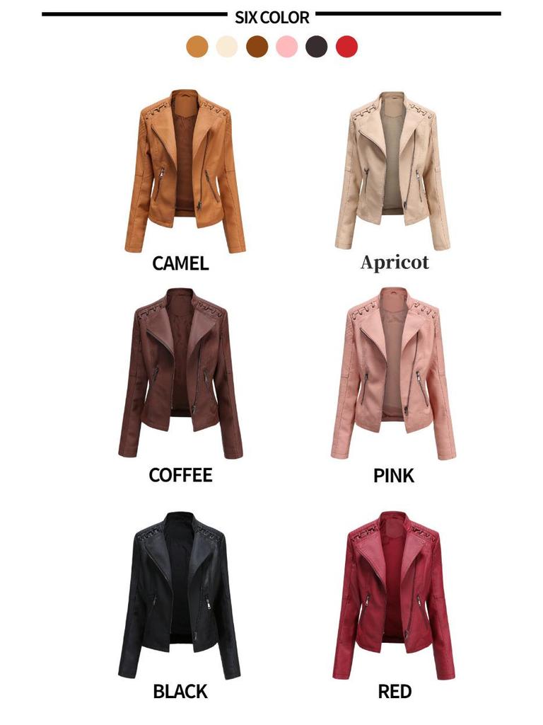 Women's Slim Fit Leather Motorcycle Jacket – European Size, Short Style for Spring and Autumn