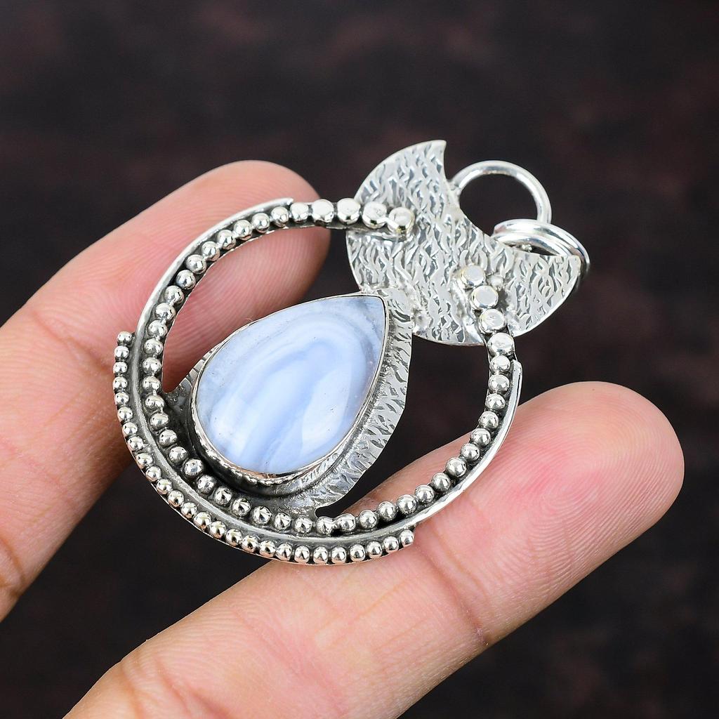 Blue Lace Agate Pendant 925 Sterling Silver Pendant Handmade Brand New Jewelry Dainty Gemstone Pendant Healing Stone Jewelry Gift For Mother