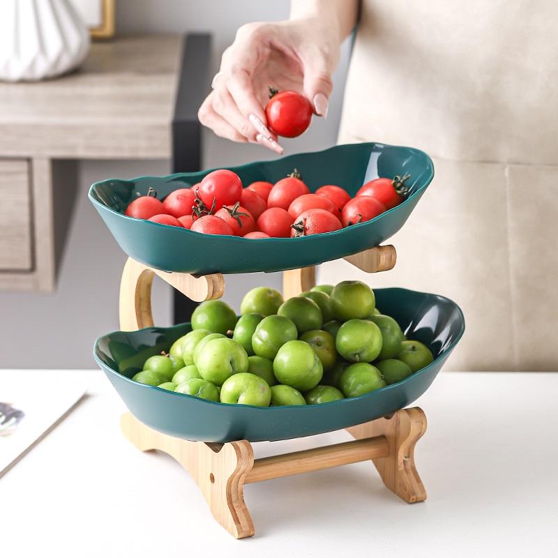 Nordic Creative Durable Plastic Fruit Plate With Wooden And Iron Stand Two Tier Three Tier Fruit Bowl For Living Room Modern Design