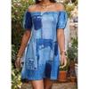 Women's Off Shoulder Puff Sleeve Denim Print Short A-Line Casual Dress