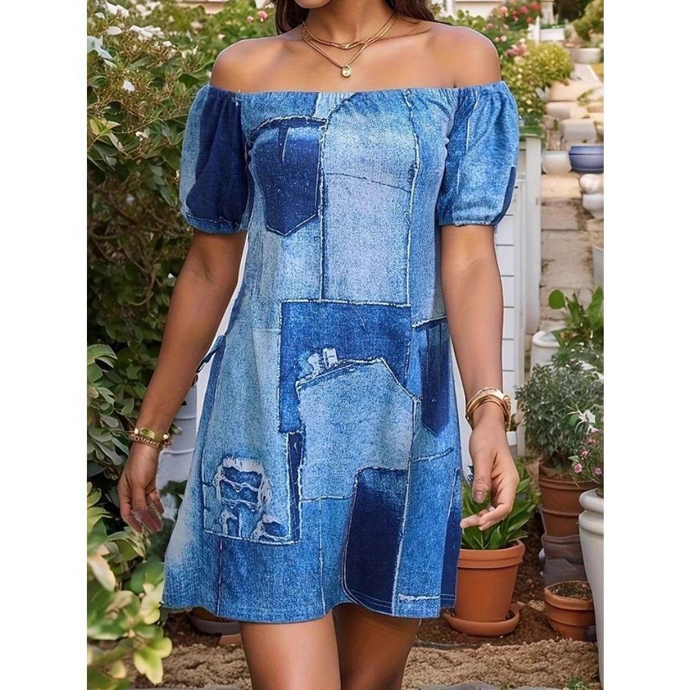 Women s Off Shoulder Puff Sleeve Denim Print Short A-Line Casual Dress S синий