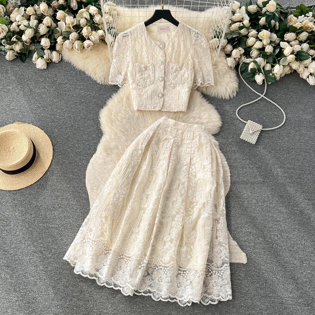 Summer Women Luxury Mesh Embroidery Flower Set Single Breasted Beading Pockets Top Shirt + Zipper Long Skirt Two Pieces Suits