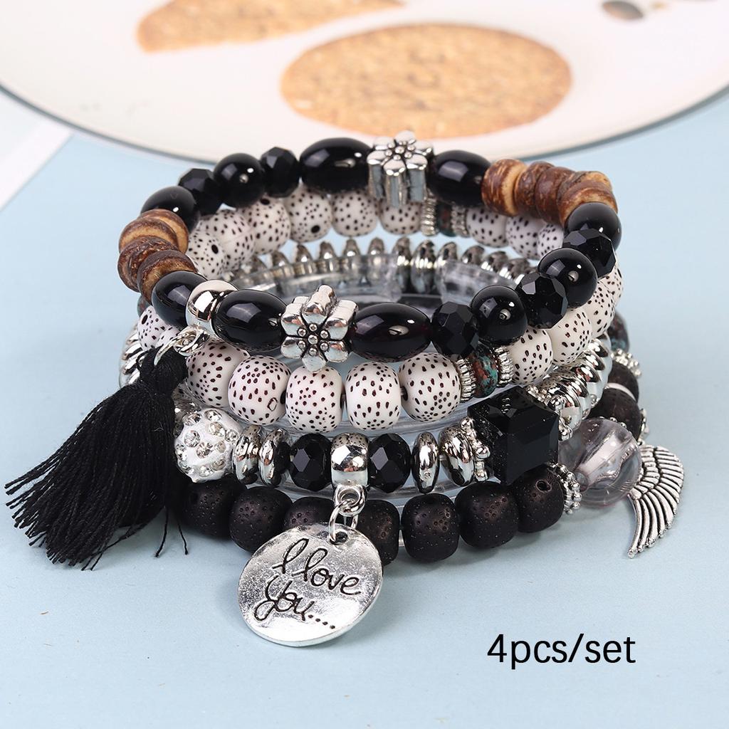 Bohemian Beaded Bracelet Set, Women's Stackable Stretch Bracelets with Tassel & Wing Charm