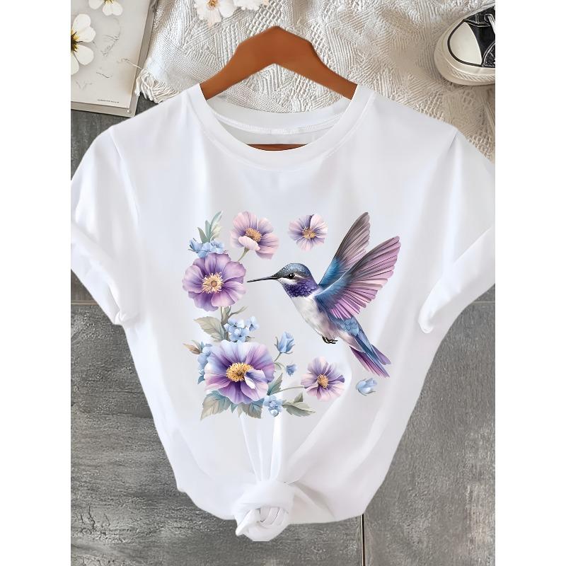 

European Size Plus Size, Women S White Hummingbird & Orchid Print T-Shirt - Vibrant Blue & Pink Floral Design 4XL білий