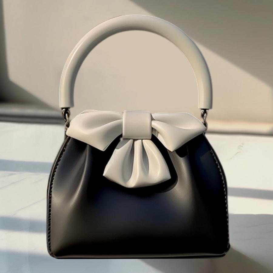 Fashiable and versatile color blocking small square bag with bow and pleated black handbag