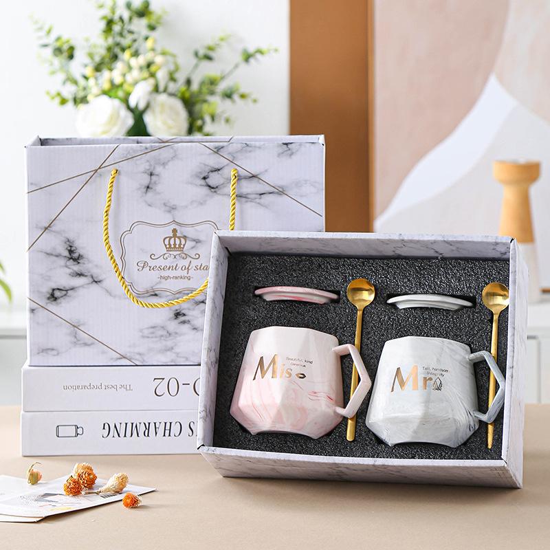 

Ceramic mug, diamond cup, water cup, high-end gift box set, souvenir wedding gift, business couple coffee cup 301-400ml