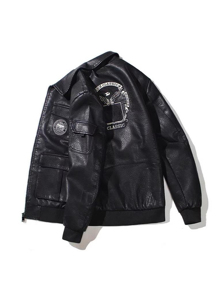Korean Style Men's Embroidered PU Leather Motorcycle Jacket with Velvet Lining