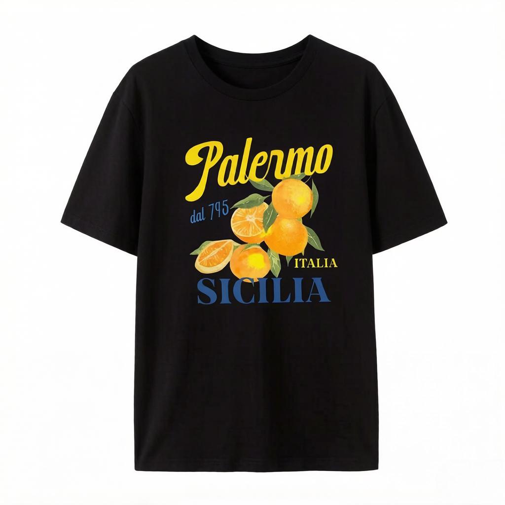 

Palermo Italy Sicilia Print Shirt Vintage Cotton Womens Short Sleeve TShirt Vibrant Orange Citrus Fruit Graphic Top Female Tee S