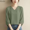 ZANZEA Women Casual V-Neck Solid Color 3/4 Sleeve Blouse