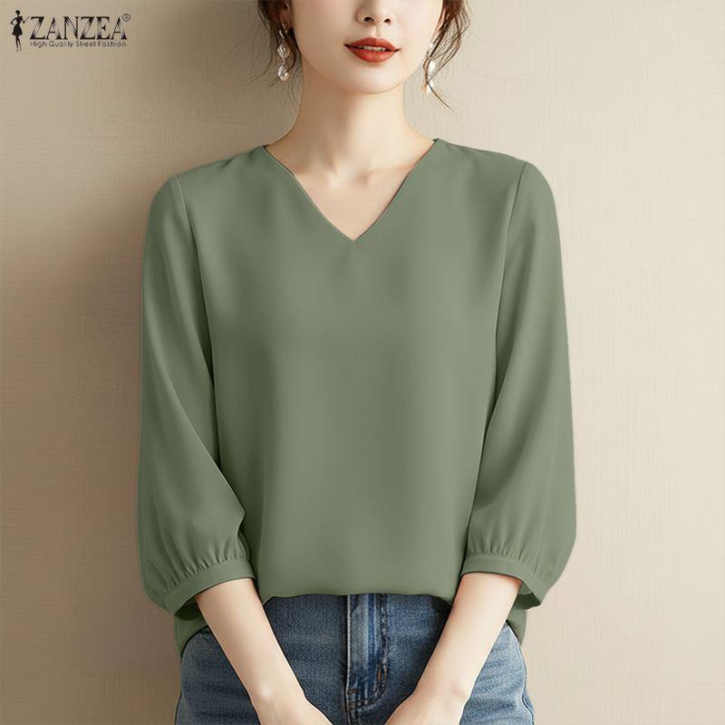 ZANZEA Women Casual V-Neck Solid Color 3/4 Sleeve Blouse