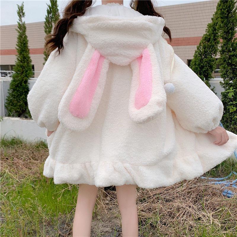 Felpe con cappuccio da donna Solid Zip-up manica lunga lanterna con cappuccio orecchie di coniglio Lolita carino dolce ragazze stile Harajuku capispalla larghi caldi