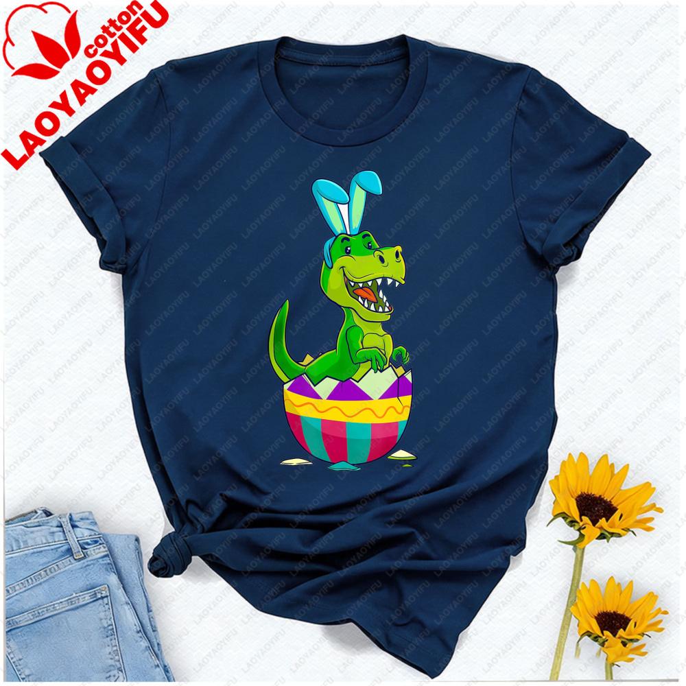 Pastel Easter Trex Bunny Tshirt Cartoon Dinosaur Hatching From Colorful Egg Cotton Casual Streetwear For Spring Celebrations