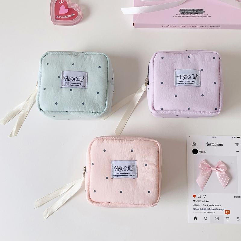 Polka Dot Solid Square Cosmetic Bag Girl Portable Small Lipstick Pouch Student Simple Sanitary Napkin Storage Bag