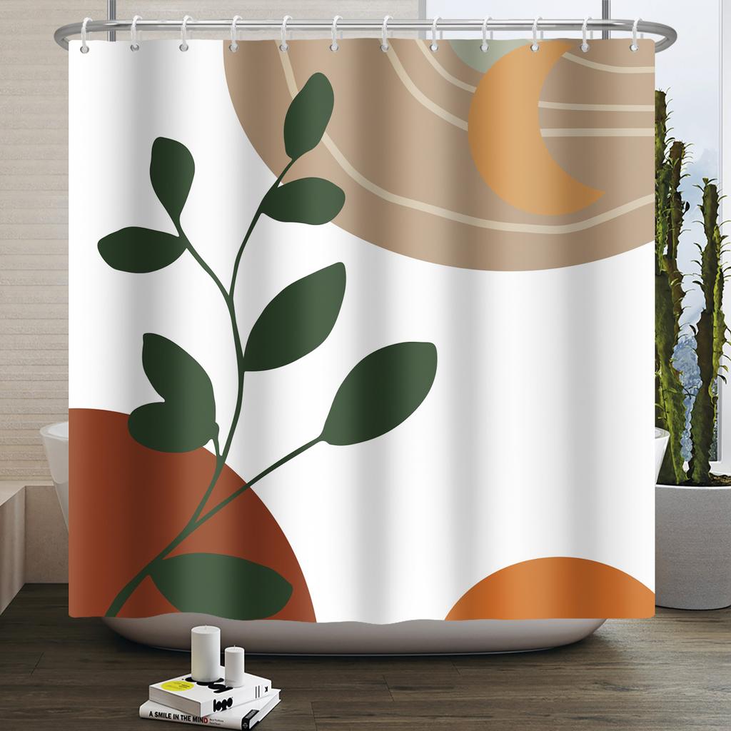 Mid Century Abstract Boho Shower Curtain Green Leaf Plant Modern Arch Sun Minimalist Nordic Waterproof Bathroom Bath Curtain
