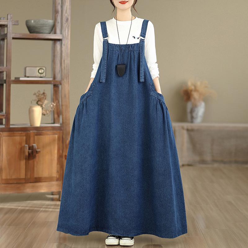 

Retro Denim Overall Dress: Spring-Summer-Autumn Slimming Long Skirt with Wide Hem XL синий