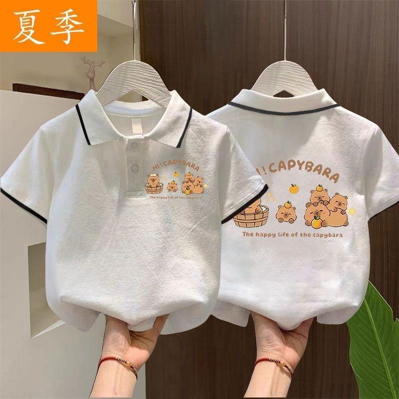 Boys Summer Polo Shirt Cute Capybara Print Short Sleeve T Shirt Kids Casual Collar Top 90