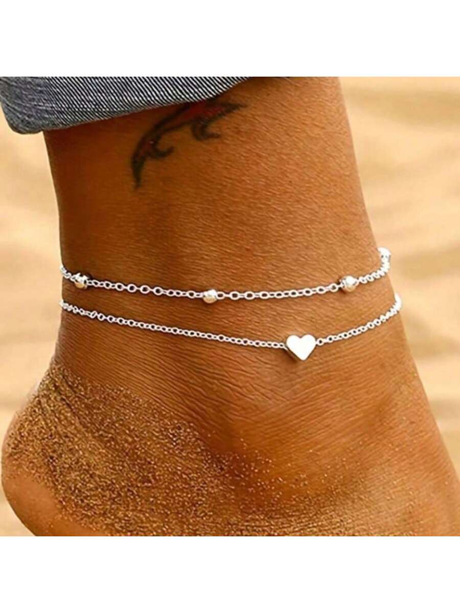 Silver Multi-Layered Anklet Set Bohemian Stackedoval Satellite Beads Heart Shape Anklet Fashion Beach Surfer Jewelry Accessories