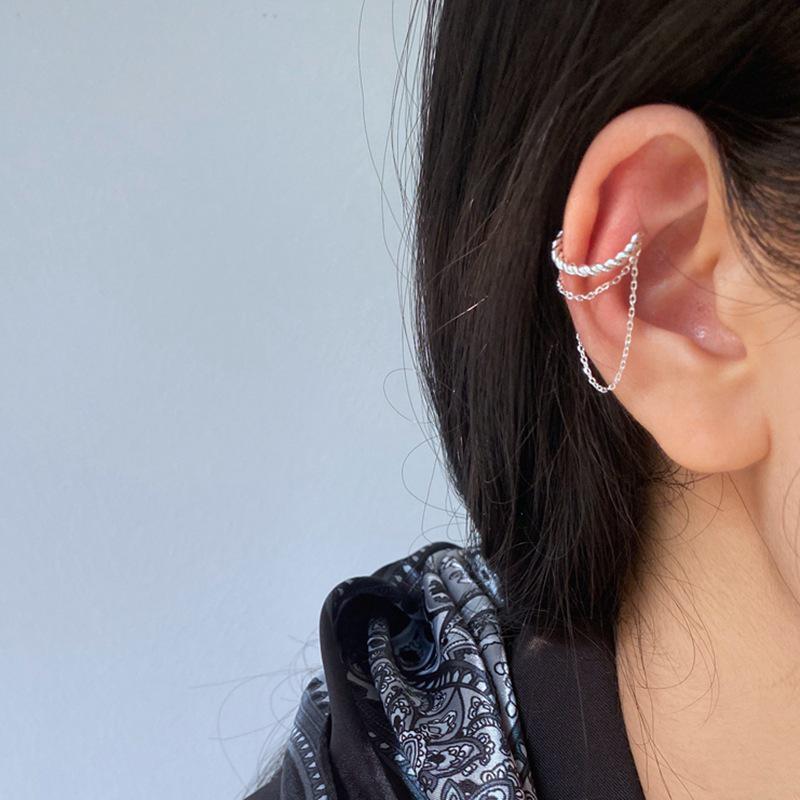 Su Chuang S925 Sterling Silver Twisted Double Layer Chain Ear Clip, No Piercing Required 925 Sterling Silver (Single Piece)