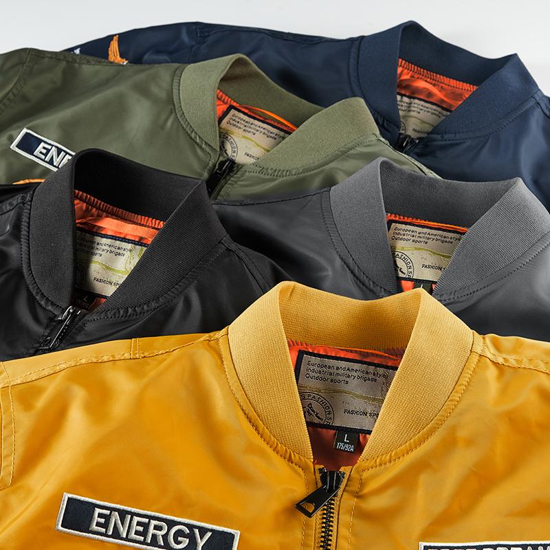 Autumn Men MA-1 Flight Bomber Jacket Badge Embroidery Patches Rib Knit Collar Zip Up Windproof Army Pilot Military Streetwear Casual Outerwear Coat