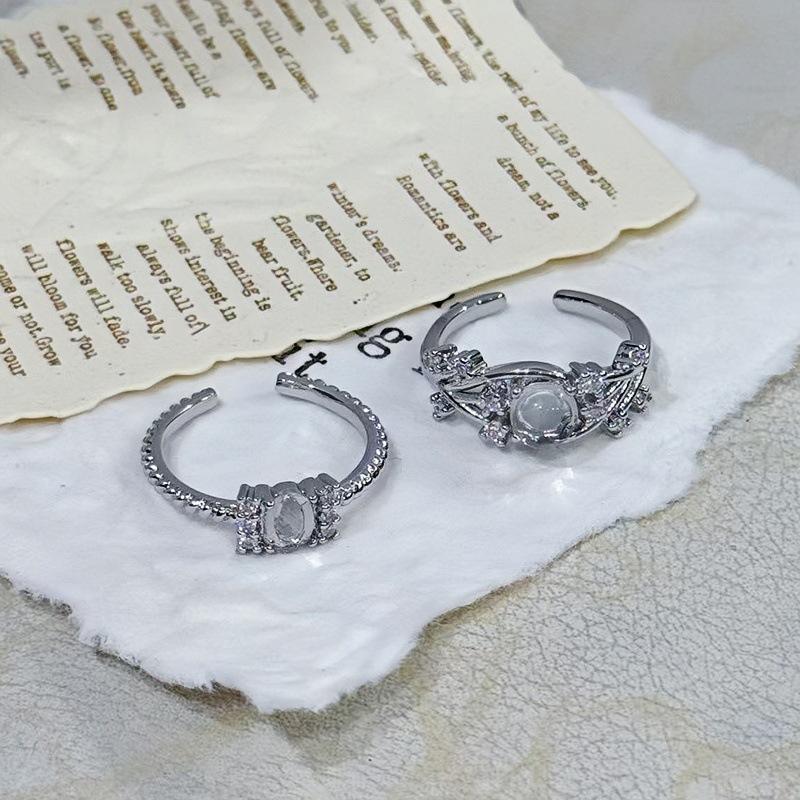 Round Moonstone Vine Wrapped Flower Open Ring Niche Design Light Luxury High Sense Zircon Index Finger Ring Female