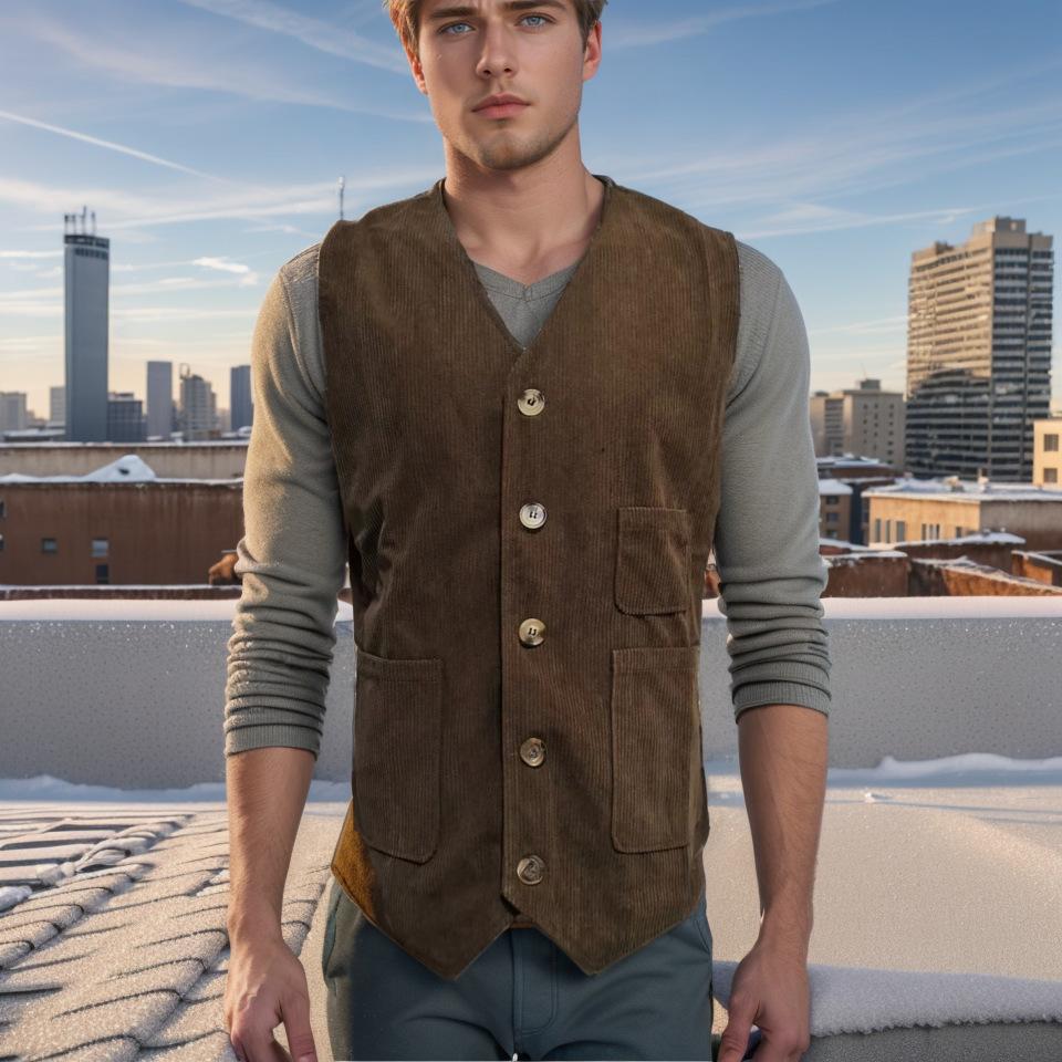 Мужской вельветовый жилет весна-осень с карманами, однотонный однобортный жилет S