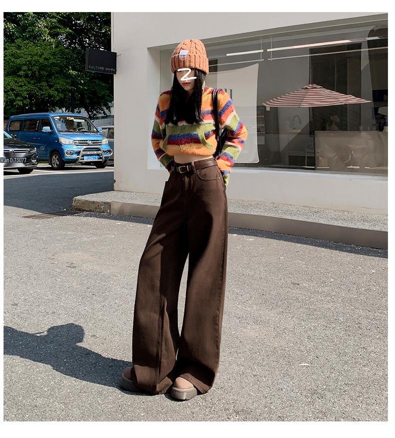 Maillard Women's Retro Brown Wide-Leg High-Waist Jeans, Plus Size, Floor-Length, Spring/Autumn 2025