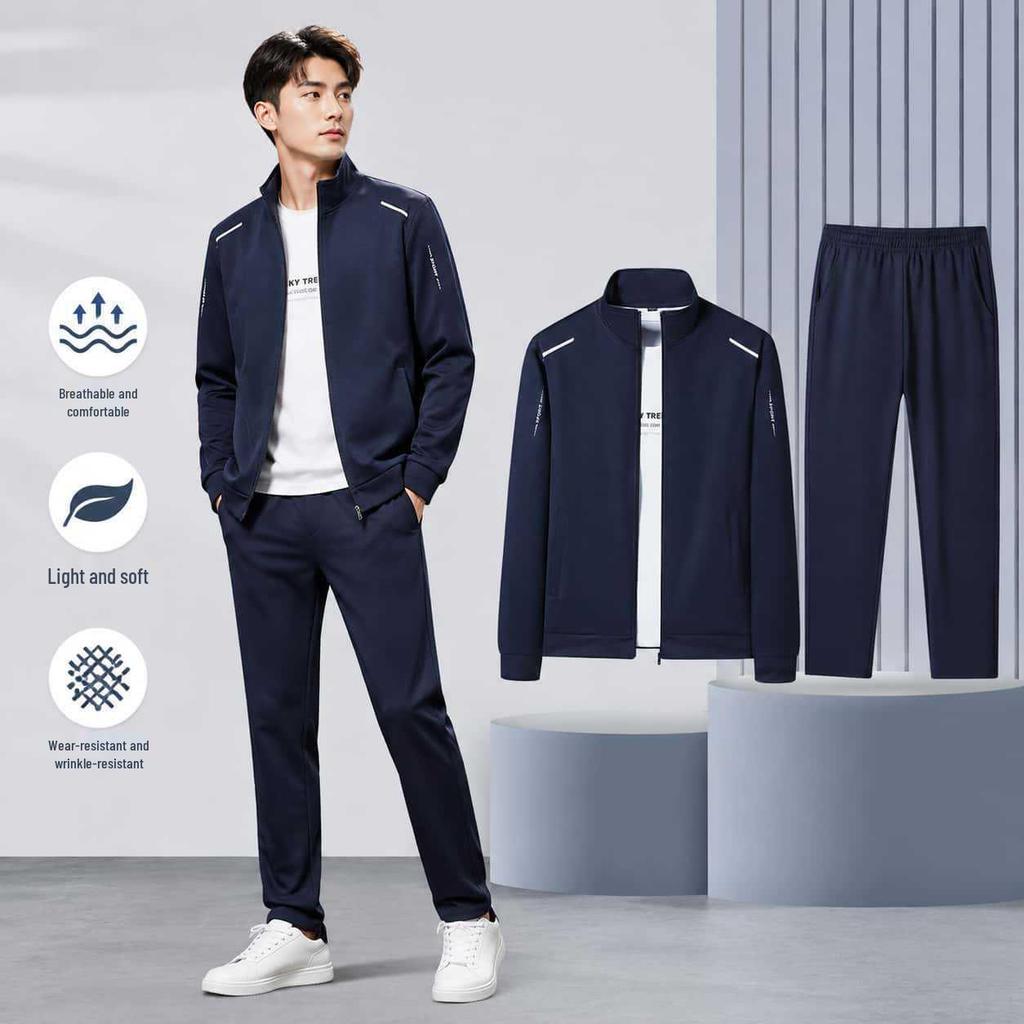 Men's Solid Color Sportswear Set: Stand Collar Cardigan & Long Pants.