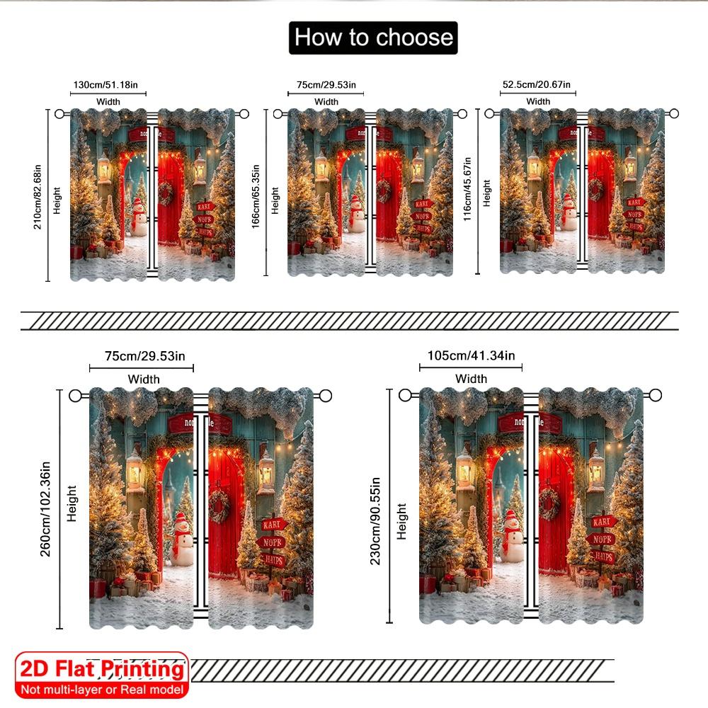 2pcs 2D flat printing Merry Christmas Popular Party Window Curtains Pine Snow Trail (2) Durable Polyester Without Electricity
