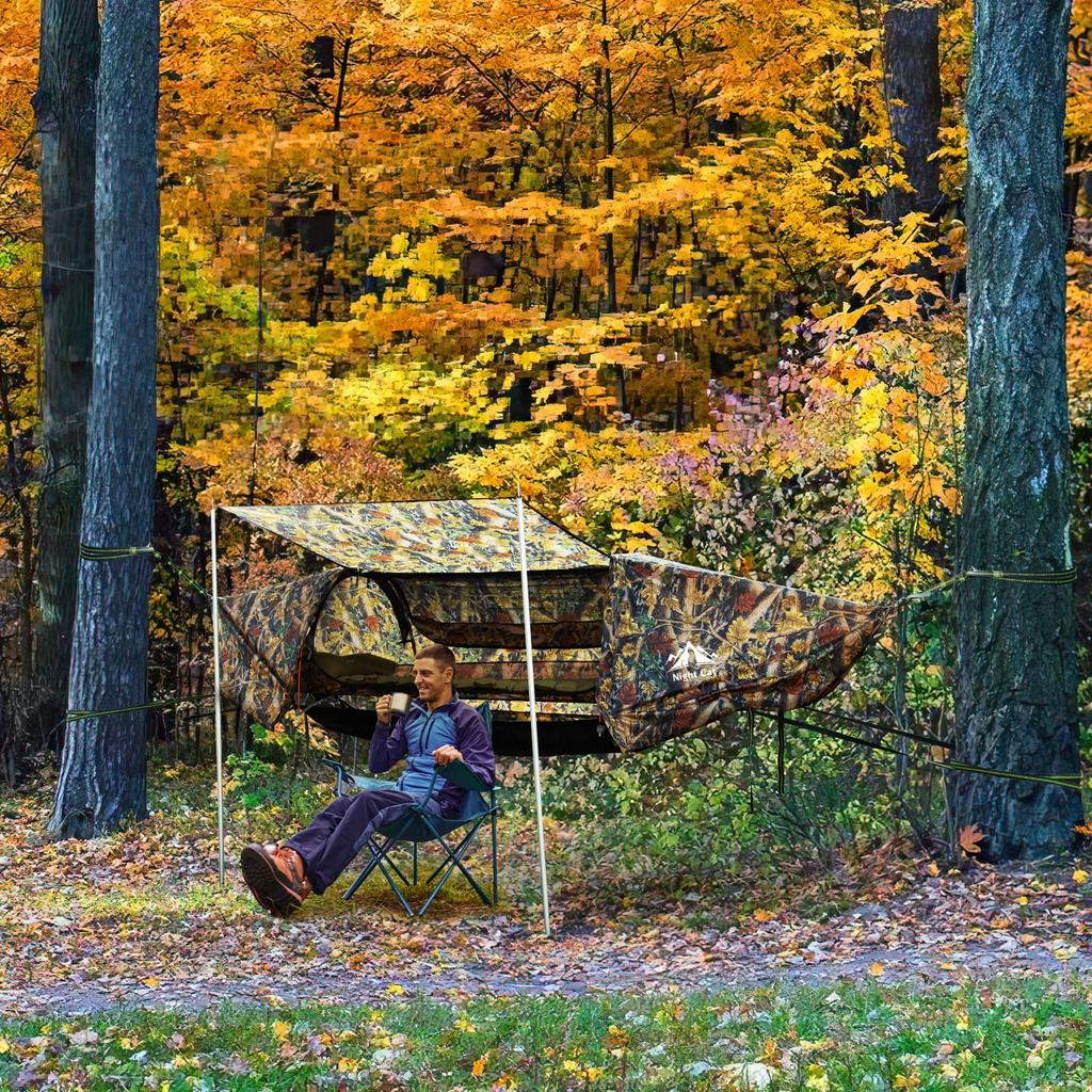 Night Cat Flat Lay Hammock Tent with Mosquito Net Waterproof Rainfly Storage Room for 1 Person Backpacking Hiking Camping Lightweight 440LBS