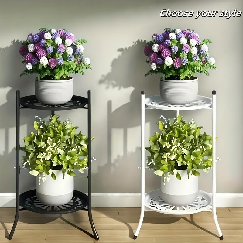 2-stöckiger Metall-Pflanzenständer 19,69 Zoll hoch, Mehrzweck-Blumentopf-Ausstellungsregal für drinnen/draußen, Schwarz/Weiß moderner Stil, robust, einfache Montage