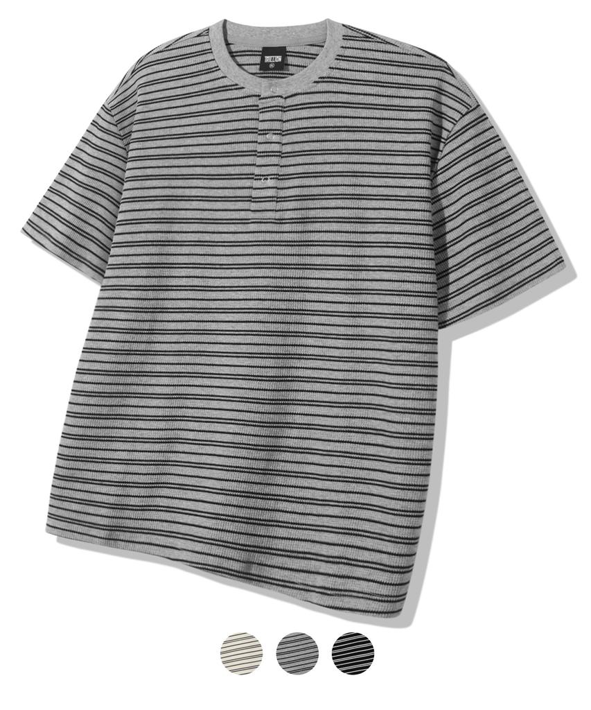 TRILLION Stripe Ring Snap Henley Neck Half Sleeve_3Color