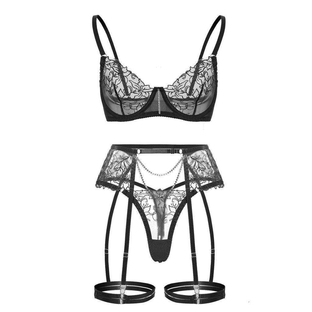 Elegant Embroidered Chain Lingerie Set: Sexy, Sheer, Three-Piece Design for Women