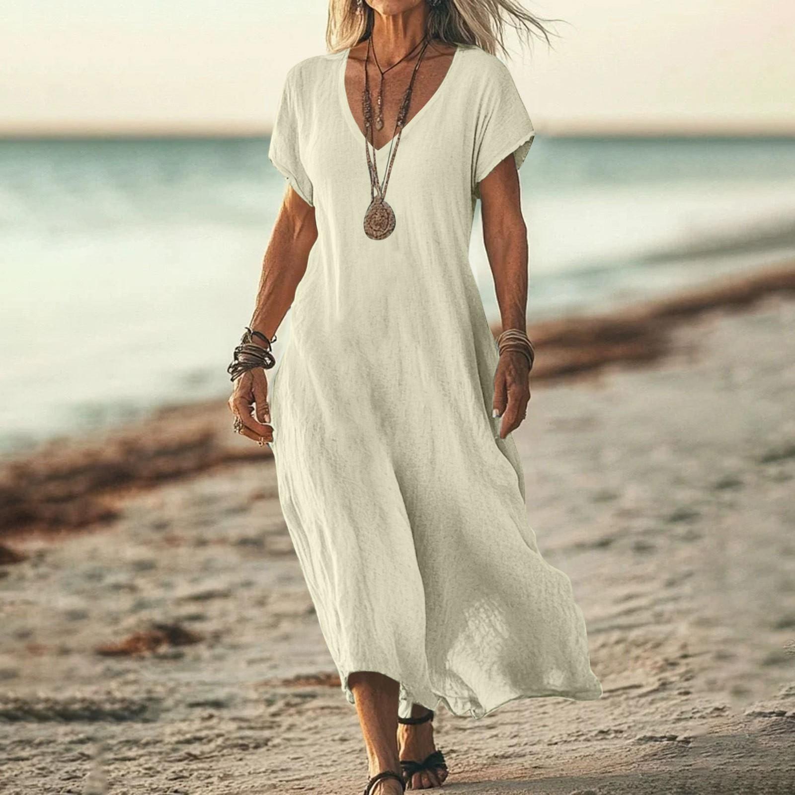 

Модное женское однотонное платье с V-образным вырезом, длинное, свободное L бежевый