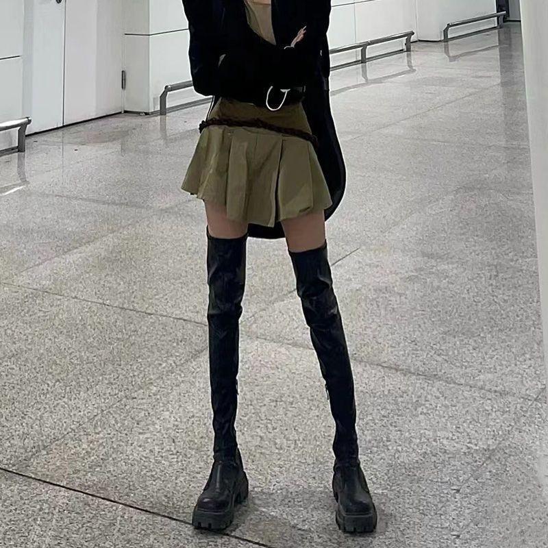 Thick-soled sugar cube over the knee boots women's 2025 spring and autumn new thin square head tight elastic boots popular thin boots