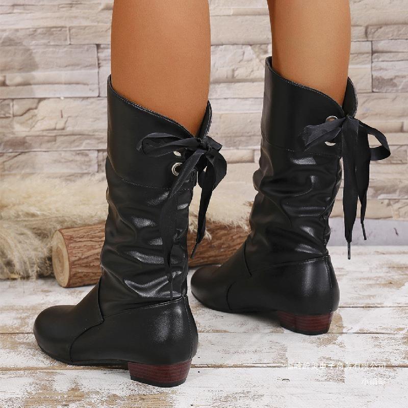 Cross-border New Large-size Lace-up Thin High Boots Women's Autumn and Winter White Student Thick-heeled Leather Knight Boots