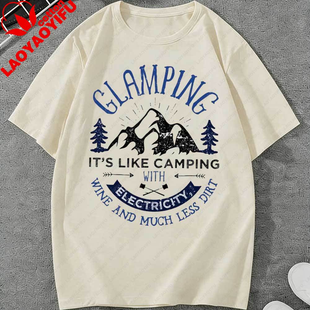 Vintage Glamping TShirt for Unisex Women Funny Camping Graphic Tee Outdoor Hiking Mountain Print Short Sleeve Tops Casual Cotton